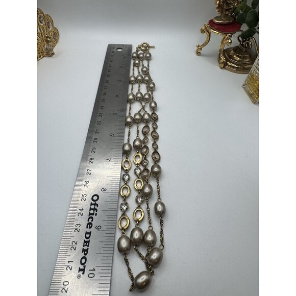 Vintage Yellow Gold Filled Bezel Set Clear Crystals Faux Pearl Necklace Monet - Picture 5 of 9